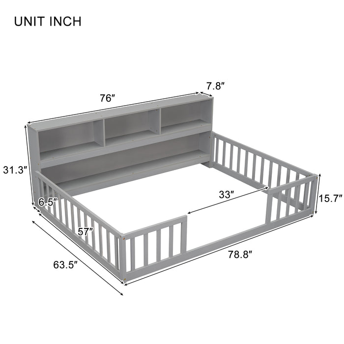 Floor Bed With Side Bookcase, Shelves, Guardrails