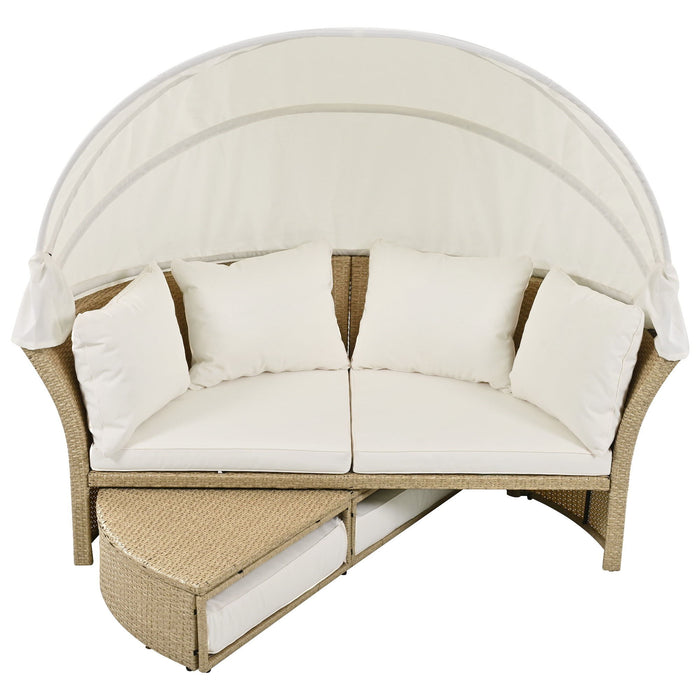 Outdoor Patio Daybed Wicker Rattan Double Daybed Round Sofa Furniture Set With Retractable Canopy, 4 Pillows For Lawn Garden