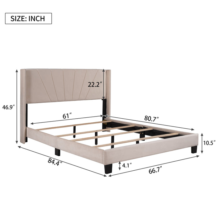 Queen Size Velvet Upholstered Platform Bed, Box Spring Needed