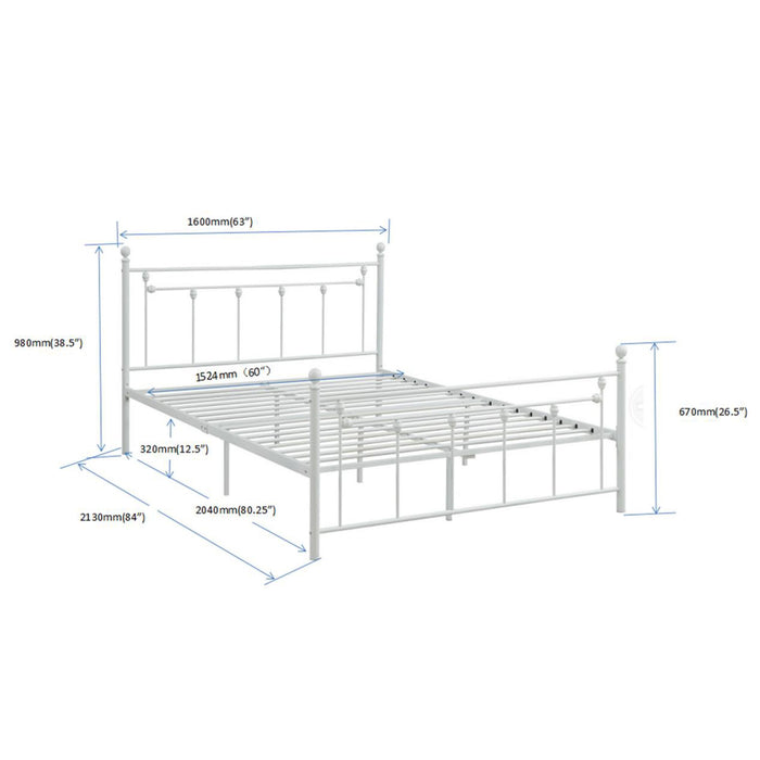 Queen Size Metal Bed, Frame With Headboard And Footboard - White