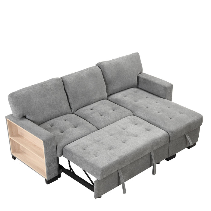 Stylish And Functional Light Chaise Lounge Sectional With Storage Rack Pull-Out Bed Drop Down Table And USB Charger