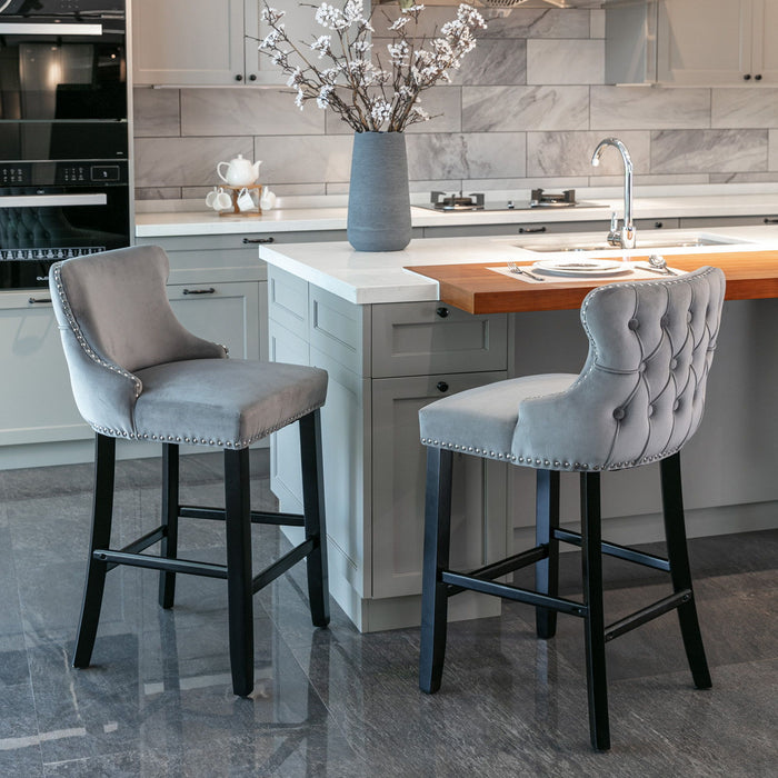 Contemporary Velvet Upholstered Wing-Back Barstools With Button Tufted Decoration And Wooden Legs, And Chrome Nailhead Trim, Leisure Style Bar Chairs, Bar Stools (Set of 2)