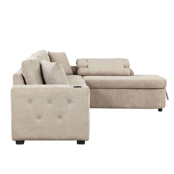 L-Shaped Couch Sectional Sofa With Storage Chaise, Cup Holder And USB Ports For Living Room