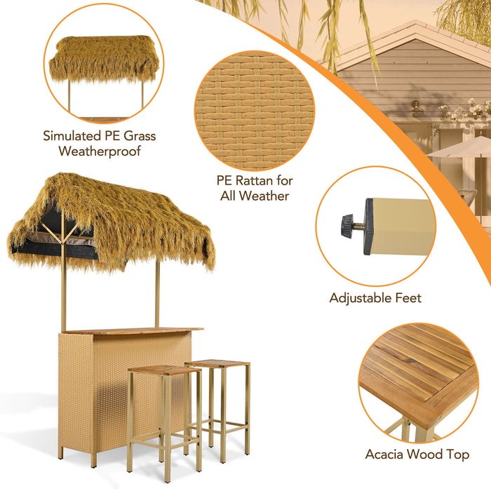 Hawaiian-Style Bar Height Patio Set With PE Grass Canopy, Outdoor Bar Table And Stools With Adjustable Feet, Acacia Wood Top, For Dining And Drinking - Natural