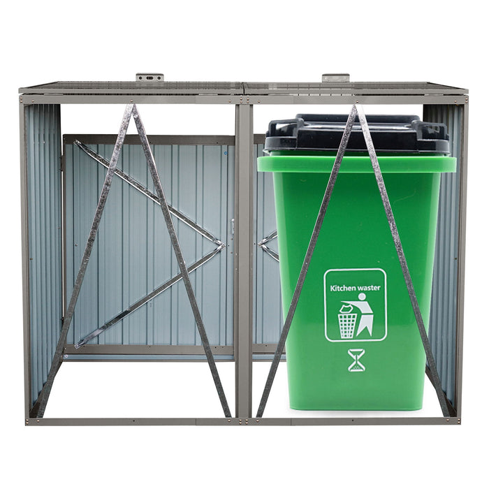 Garbage Bin Shed Stores 2 Trash Cans Metal Outdoor Bin Shed For Garbage Storage, Stainless Galvanized Steel, Bin Shed For Garden Yard Lawn