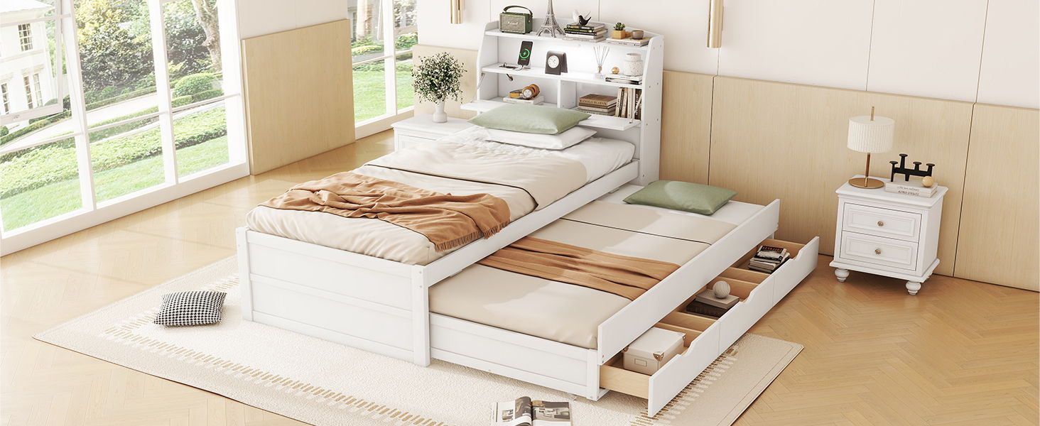 Wooden LED Platform Bed With Trundle, With Storage Headboard, With Drawers