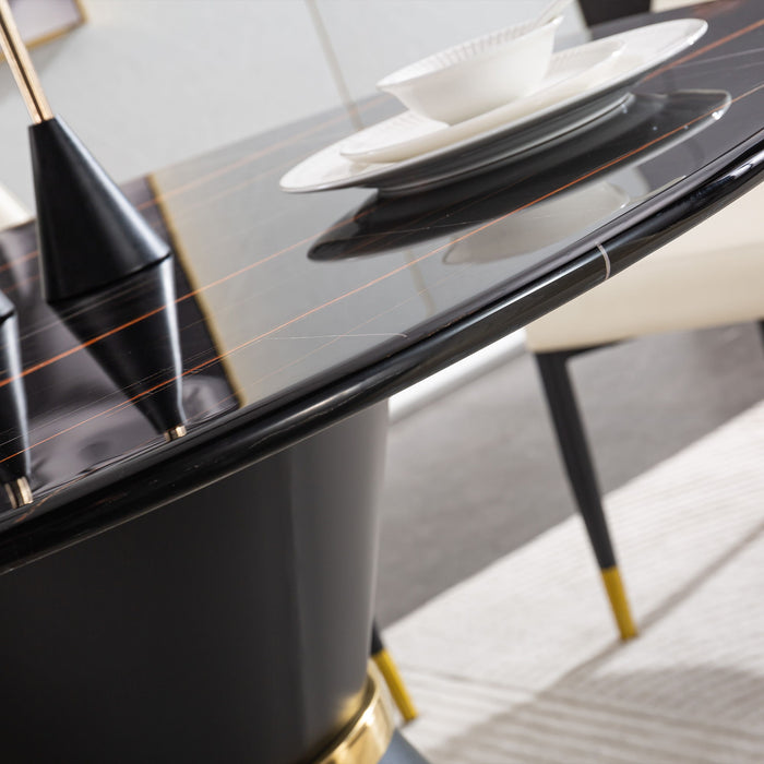 Marble Printed MDF Round Dining Table With Gold Annulus (Not Including Chairs) - Black