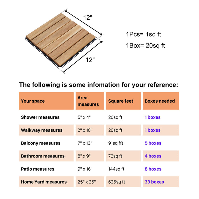 Interlocking Deck Tiles Striped Pattern, Square Acacia Hardwood Outdoor Flooring For Patio, Bancony, Pool Side