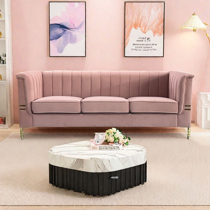 FX-P82-PK(SOFA) Modern Designs Velvet Upholstered Living Room Sofa, 3 Seat Sofa Couch With Golden Metal Legs For Home, Apartment Or Office - Pink