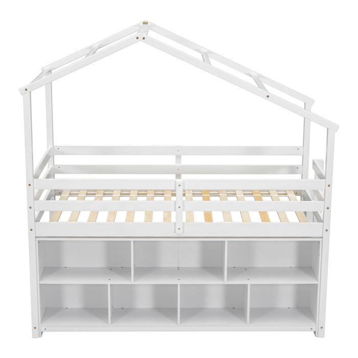 House Loft Bed With Roof Frame, Under Bed Shelving Storage Unit, Guardrails, Ladder