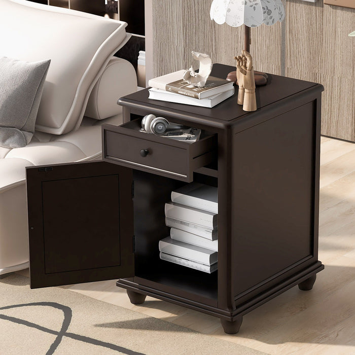 End Table With Solid Wood Legs, Side Table With USB Ports, 1 Storage Cabinet And 1 Drawer For Living Room