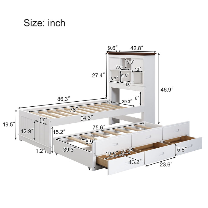 Solid Pine Captain Bookcase Bed With Trundle Bed And 3 Spacious Under Bed Drawers In Casual