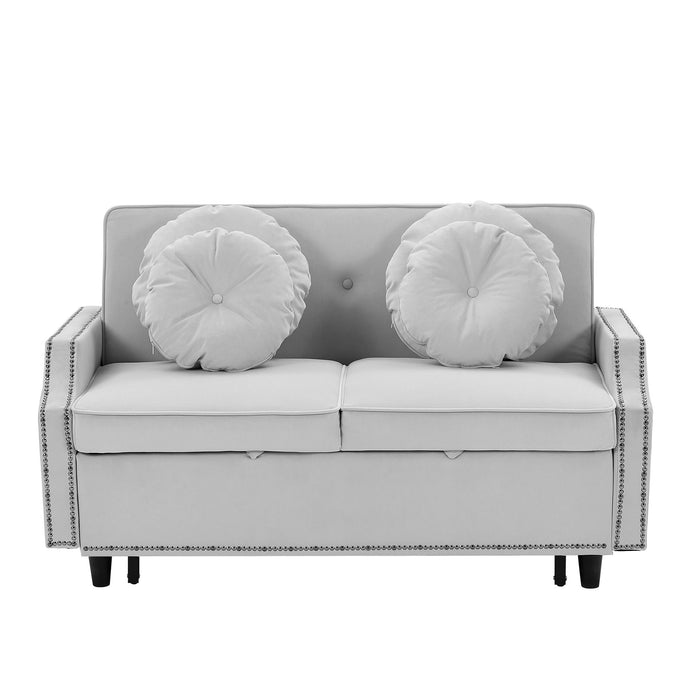 Multiple Adjustable Positions Sofa Bed Stylish Sofa Bed With A Button Tufted Backrest, Two USB Ports And Four Floral Lumbar Pillows For Living Room, Bedroom, Or Small Space