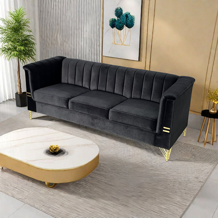 Fx-P82-Bk (Sofa) Modern Sofa Couches For Living Room, Velvet Tight Back Chesterfield Design Couch Upholstered Sofa With Metal Legs Decor Furniture For Bedroom - Black