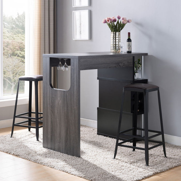 Home Bar Table With Wine Glass Compartment And Three Shelves - Distressed Grey & Black