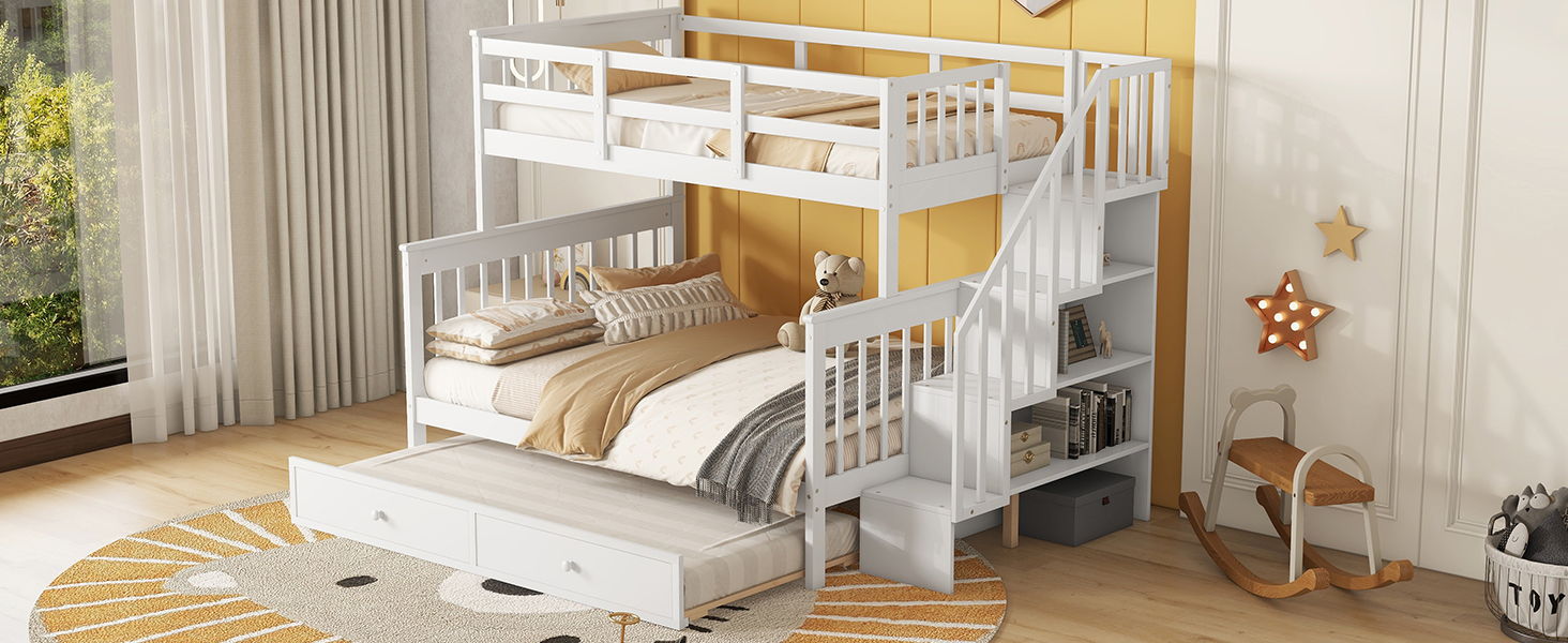 Twin Over Full Bunk Bed With Twin Size Trundle, Storage And Guard Rail For Bedroom, Dorm, For Adults - White