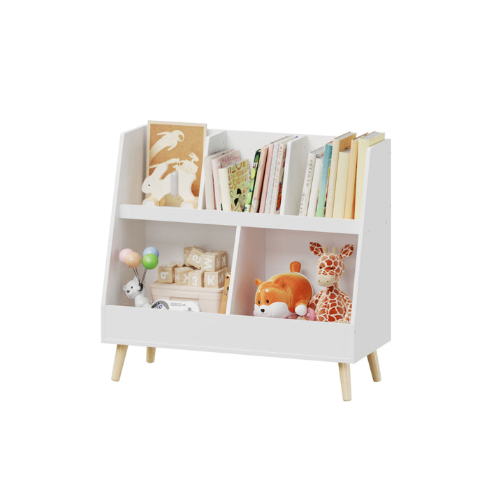 Kids Bookshelf And Toy Organizer, 5 Cubbies Wooden Open Bookcase, 2-Tier Baby Storage Display Organizer With Legs, Free Standing For Playing Room, Bedroom, Nursery, Classroom - White