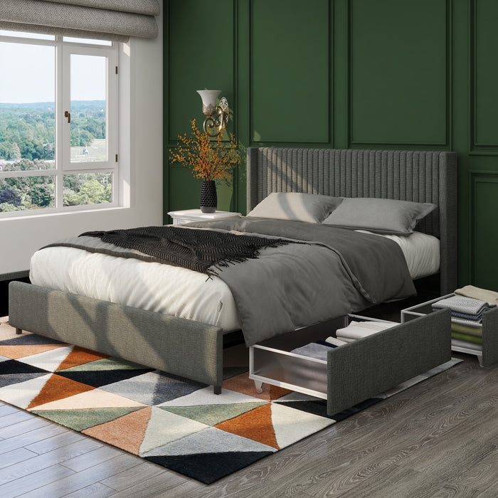 Anna - Upholstered Wingback Platform Bed With 4 Drawers Storage