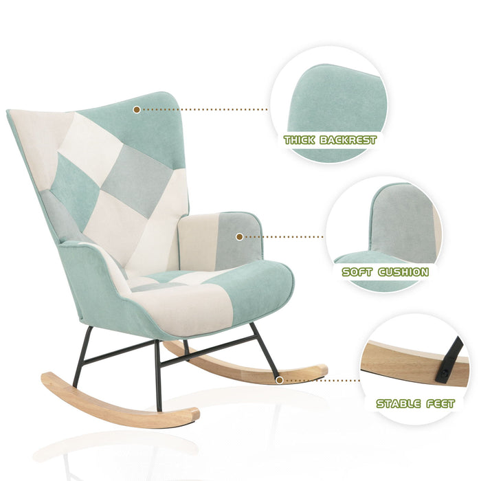 Accent Rocking Chair, Mid-Century Fabric Rocker Chair With Wood Legs And Patchwork Linen For Livingroom Bedroom