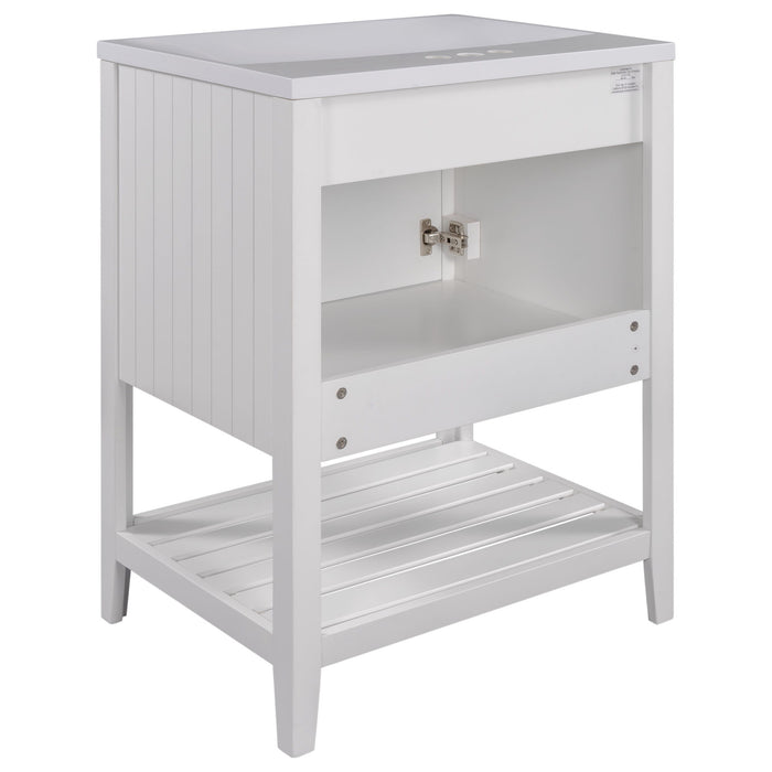 Modern Sleek Bathroom Vanity Elegant Ceramic Sink With Solid Wood Frame Open Style Shelf - White