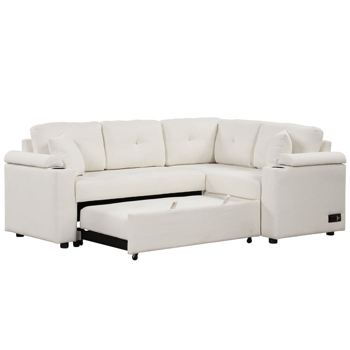 L-Shape Sofa Bed Pull-Out Sleeper Sofa With Wheels, USB Ports, Power Sockets For Living Room