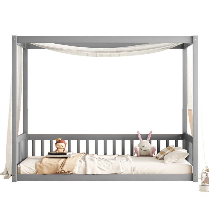 Canopy Frame Floor Bed With Fence, Guardrails