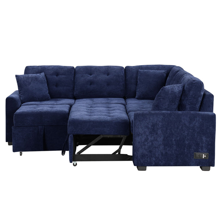 L-Shape Sofa Bed Pull-Out Sleeper Sofa With Wheels, USB Ports, Power Sockets For Living Room