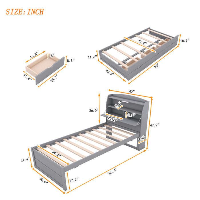 Wooden LED Platform Bed With Trundle, With Storage Headboard, With Drawers