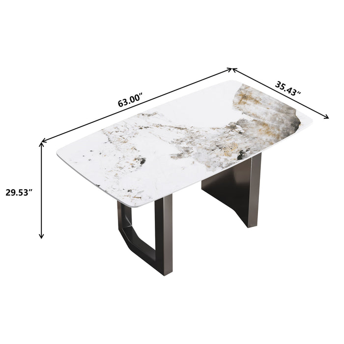 63" Modern Artificial Stone Pandora White Curved Metal Leg Dining Table, 6 People - Antique White / Black