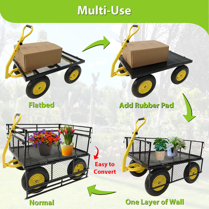 Steel Garden Cart, Heavy Duty 1400 Lbs Capacity, With Removable Mesh Sides To Convert Into Flatbed, Utility Metal Wagon With 2-In-1 Handle And 16 In Tires, Perfect For Garden, Farm, Yard - Black