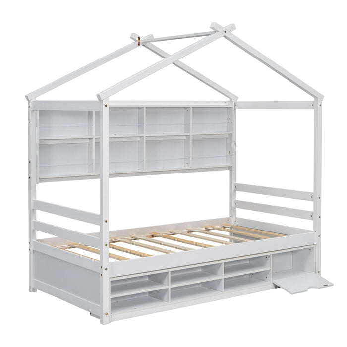 House Bed With Roof Frame, Bedside-Shelves, Under Bed Storage Unit