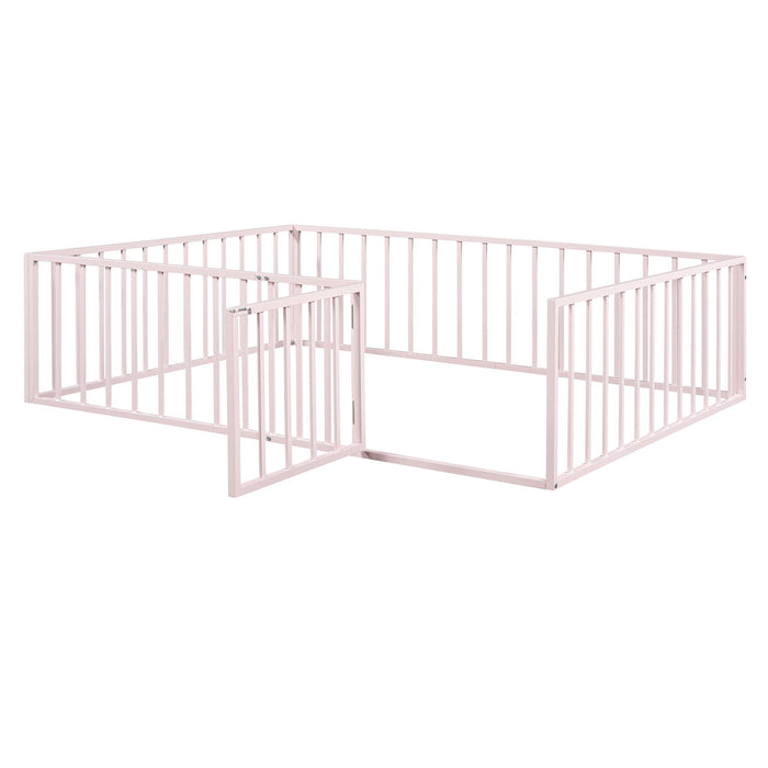 Metal Floor Bed Frame With Fence And Door - Black