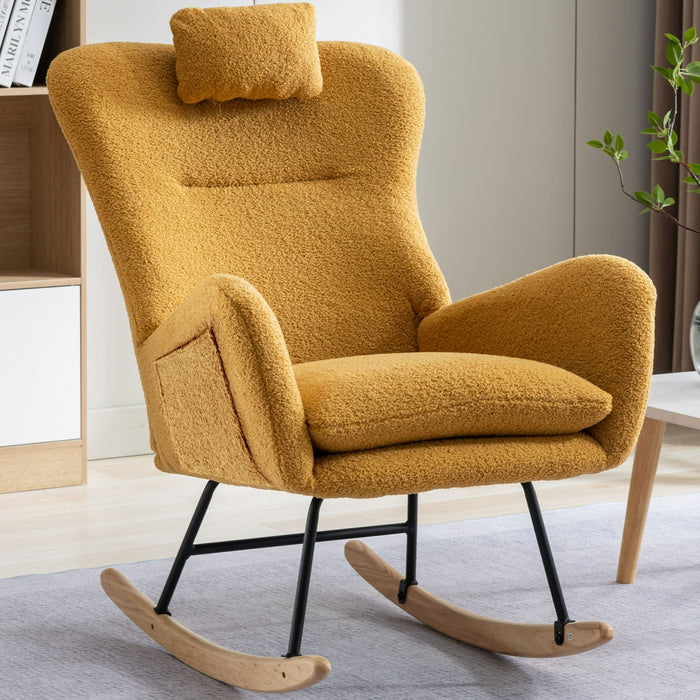 35.5" Rocking Chair With Pocket, Soft Teddy Fabric Rocking Chair For Nursery, Comfy Wingback Glider Rocker With Safe Solid Wood Base For Living Room Bedroom Balcony - Turmeric