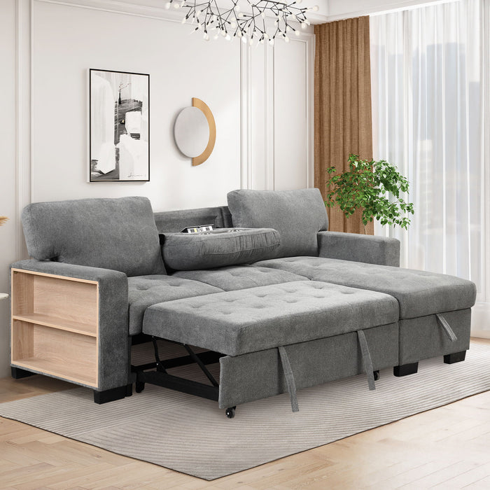 Stylish And Functional Light Chaise Lounge Sectional With Storage Rack Pull-Out Bed Drop Down Table And USB Charger