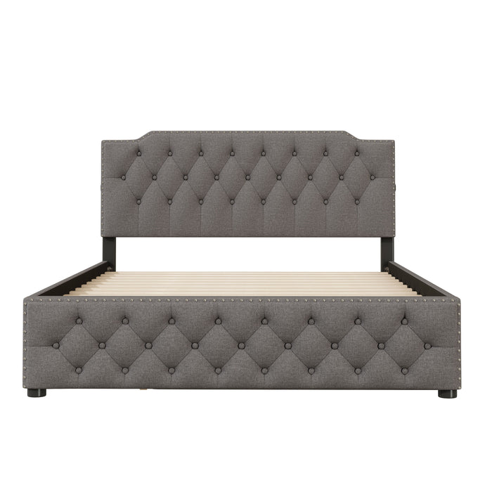 Upholstered Platform Bed With Twin Size Trundle And 2 Sets Of USB Ports On Each Side, Linen Fabric