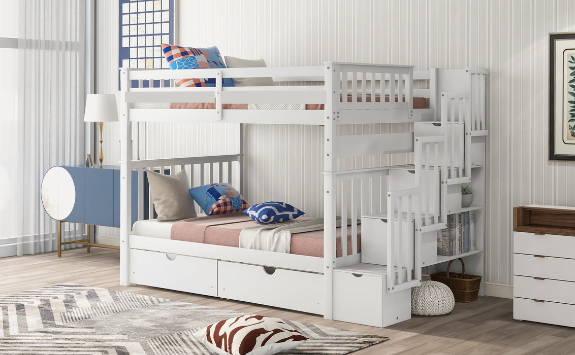 Full Over Full Bunk Bed With Shelves And 6 Storage Drawers - White