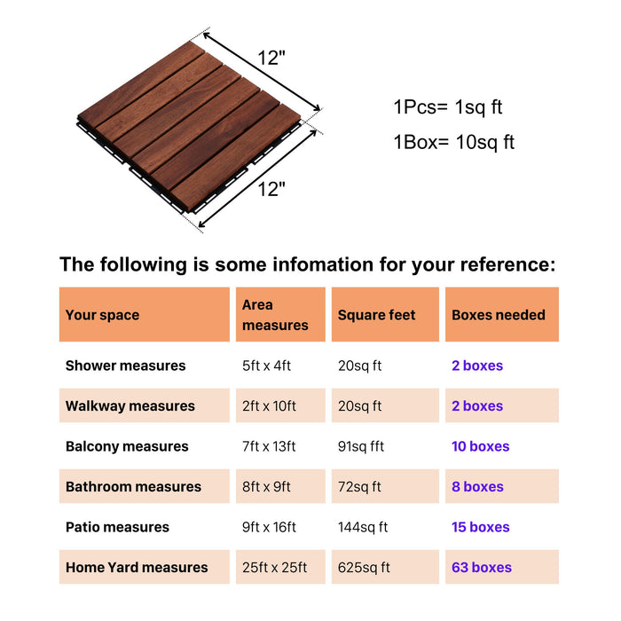 Interlocking Deck Tiles Striped Pattern, Square Acacia Hardwood Outdoor Flooring For Patio, Bancony, Pool Side