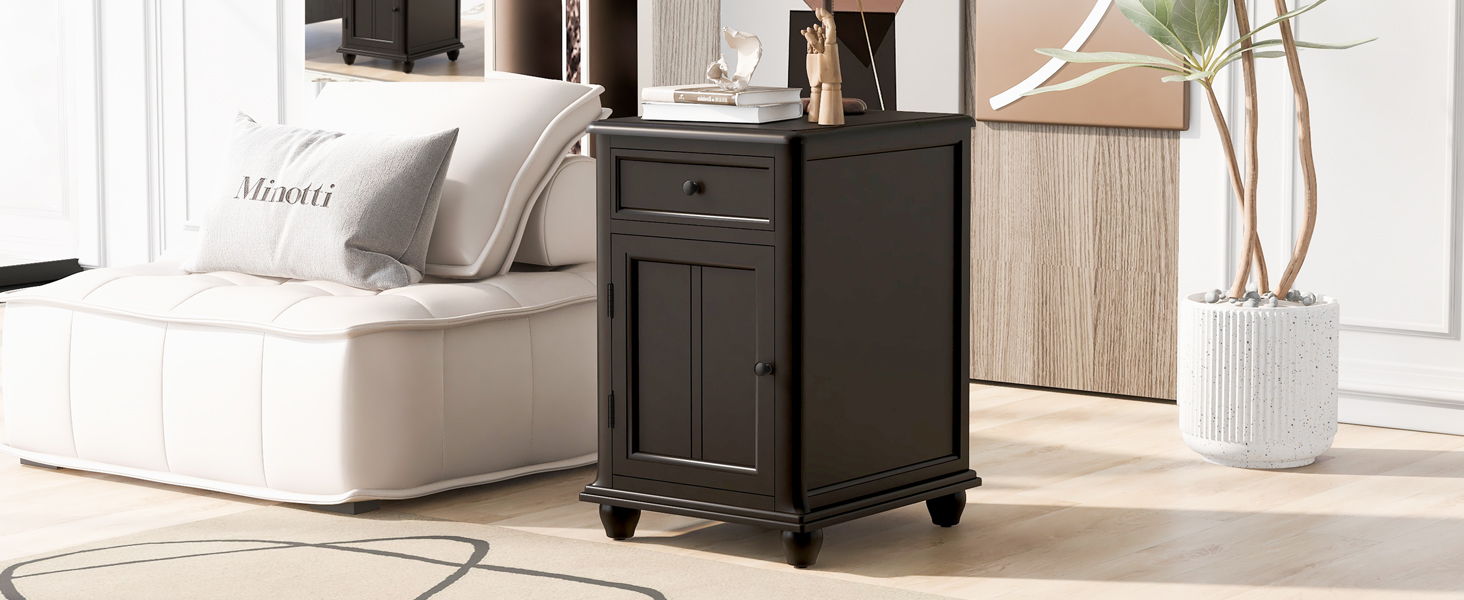 End Table With Solid Wood Legs, Side Table With USB Ports, 1 Storage Cabinet And 1 Drawer For Living Room