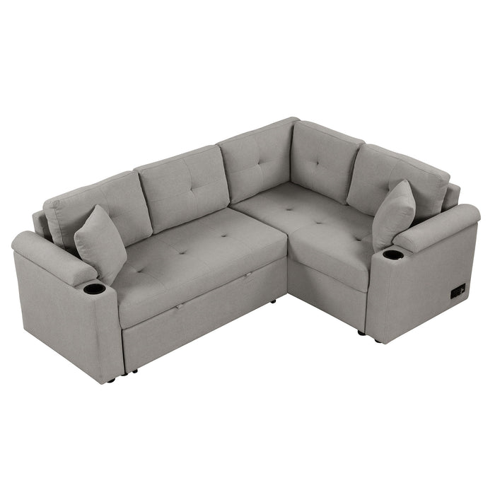 L-Shape Sofa Bed Pull-Out Sleeper Sofa With Wheels, USB Ports, Power Sockets For Living Room