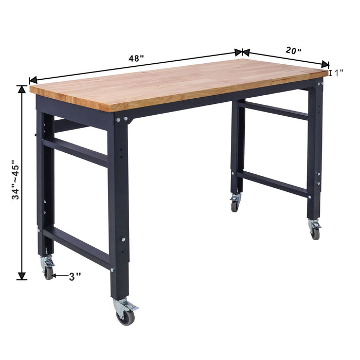 48" Wide Rolling Workbench For Garage, Adjustable Height, Workshop Tool Bench, Metal With Rubber Wood Top - Black / Light Brown