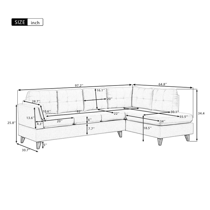 Modern Linen Fabric Sofa, L-Shape Couch With Chaise Lounge, Sectional Sofa With One Lumbar Pad