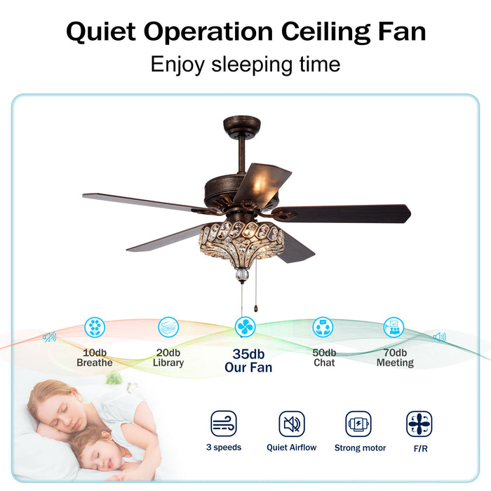 Classical Crystal Ceiling Fan Lamp, 3 Speed, 5 Reversible Blades For Living Room, Dining Room, Bedroom, Family Room, 3 Pieces*E12 (No Include Bulb, Hand Pull Chain) - Rustic Bronze