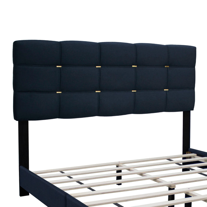 The Series Queen Size Adjustable Upholstered Bed Frame With Accents On The Headboard Has An Elegant Look And Requires No Springs - Black