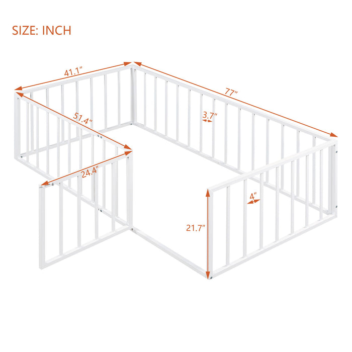 Metal Floor Bed Frame With Fence And Door - Black