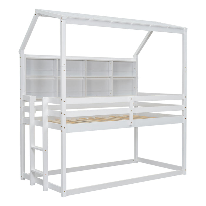 House Loft Bed With Guardrails, Semi-Enclosed Roof, Bedside Shelves And Ladder