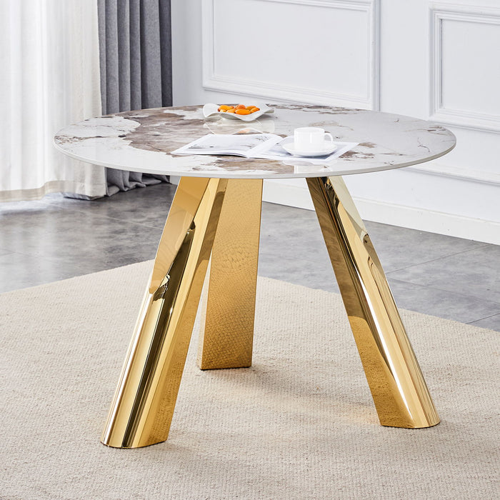 Marble Grained Stone Round Table Three - Legged Round Table With Stainless Steel Plated Legs Natural Healthy And Environmentally Friendly Round Table