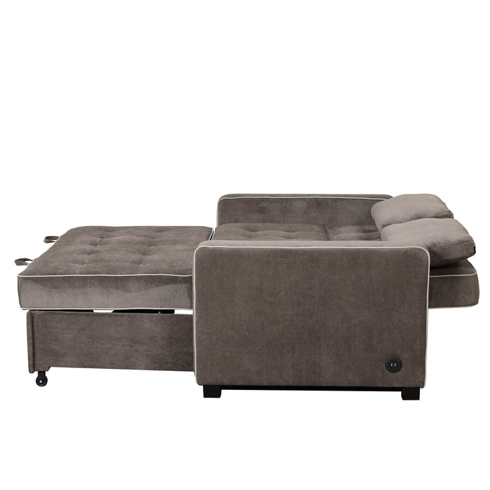 Upholstered Sleeper Bed, Pull Out Sofa Bed Couch Attached Two Throw Pillows, Dual USB Charging Port And Adjustable Backrest