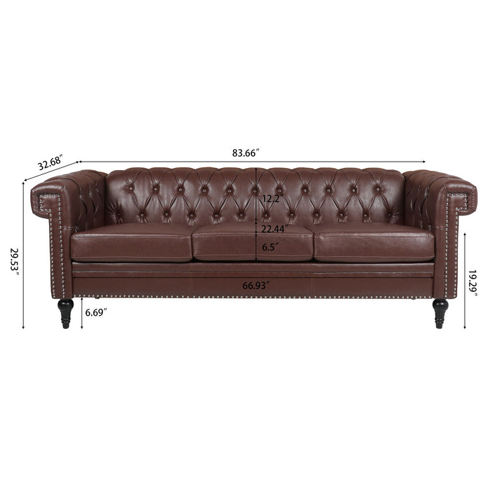 83.66" Width Traditional Square Arm Removable Cushion 3 Seater Sofa - Dark Brown