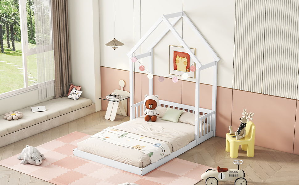 House-Shaped Roof Headboard Floor Bed, (Without Slats)