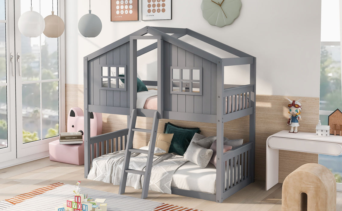 Twin Over Twin House Bunk Bed With Ladder, Wood Bed